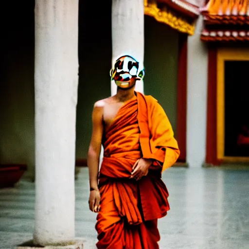 Image similar to Higj quality photo of a monk in a blissfull temple, 50 mm, Canon Mark II