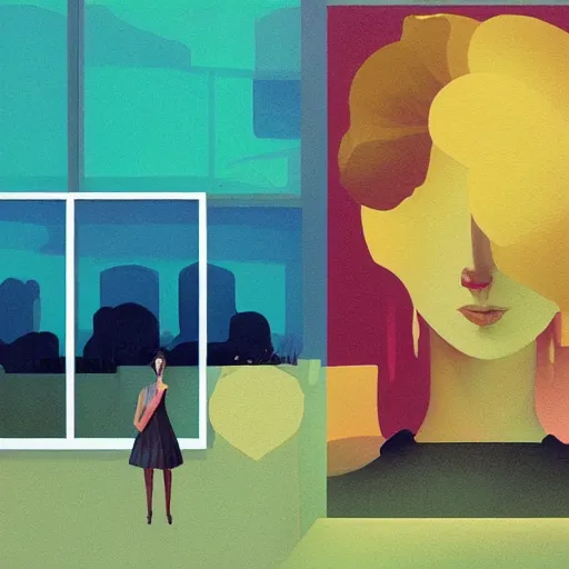 Prompt: giant flower as head, woman next to modern windows, luxury apartment, surreal photography, dramatic light, impressionist painting, digital painting, artstation, james gilleard