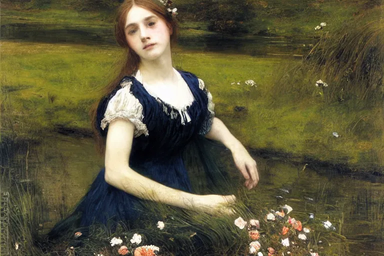 Prompt: a virtuosic portrait of a beautiful young drowned girl, floating in the dark waters of a river surrounded by high green grass and many fine flowers, wearing a nicely crafted antique dress, by sir john everett millais, realistic, hyperdetailed, ethereal, sad, masterpiece, oil painting
