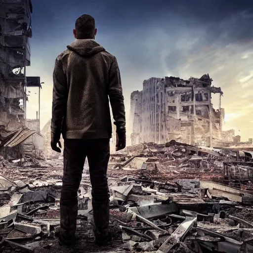 Image similar to a man standing in the middle of a post-apocalyptic ruined city with tall destroyed buildings, long shot from back, hyper realistic 4k high quality