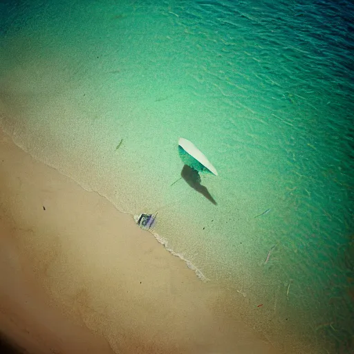 Image similar to aerial expired kodak portra film photograph of flying jellyfish casting shadows on thailand island