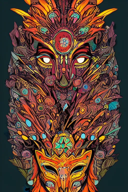 Image similar to animal mask totem roots flower tribal feather gemstone plant wood rock shaman vodoo video game vector cutout illustration vivid multicolor borderlands comics by josan gonzales and dan mumford radiating a glowing aura