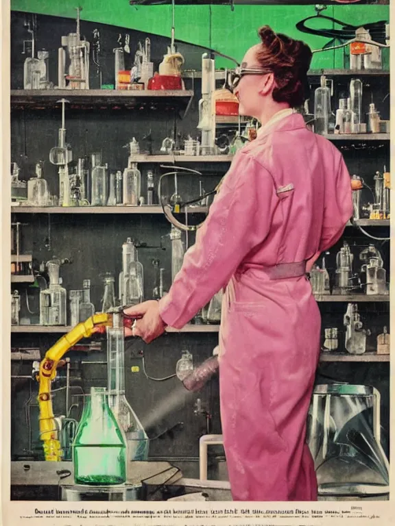 Prompt: A female mad scientist in a laboratory coat, smiling and welding together a partially-built realistic robotic!!! man!!! in a suit, in a darkly lit laboratory room surrounded by test tubes and jars, 1950s horror film movie poster style, Norman Rockwell oil painting, retro vintage, saturated pink and green lighting