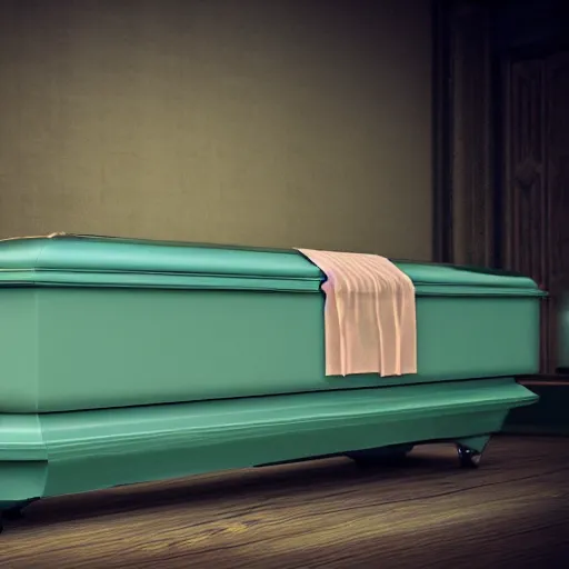 Image similar to dracula regrets the mint green paint color he chose for his coffin, 4 k photo, cinematic lighting,