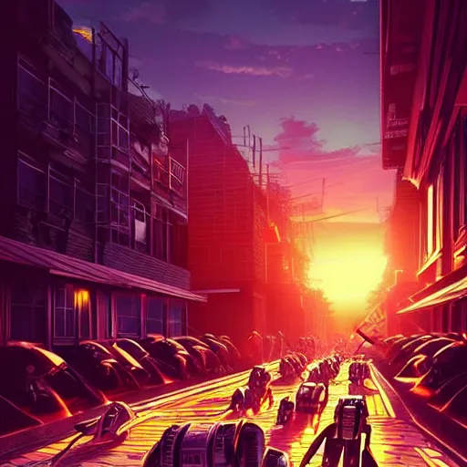 Image similar to beautiful 3 d illustration about a futuristic, dystopian street with droids and robots at sunset. lot of neons. trending on artstation