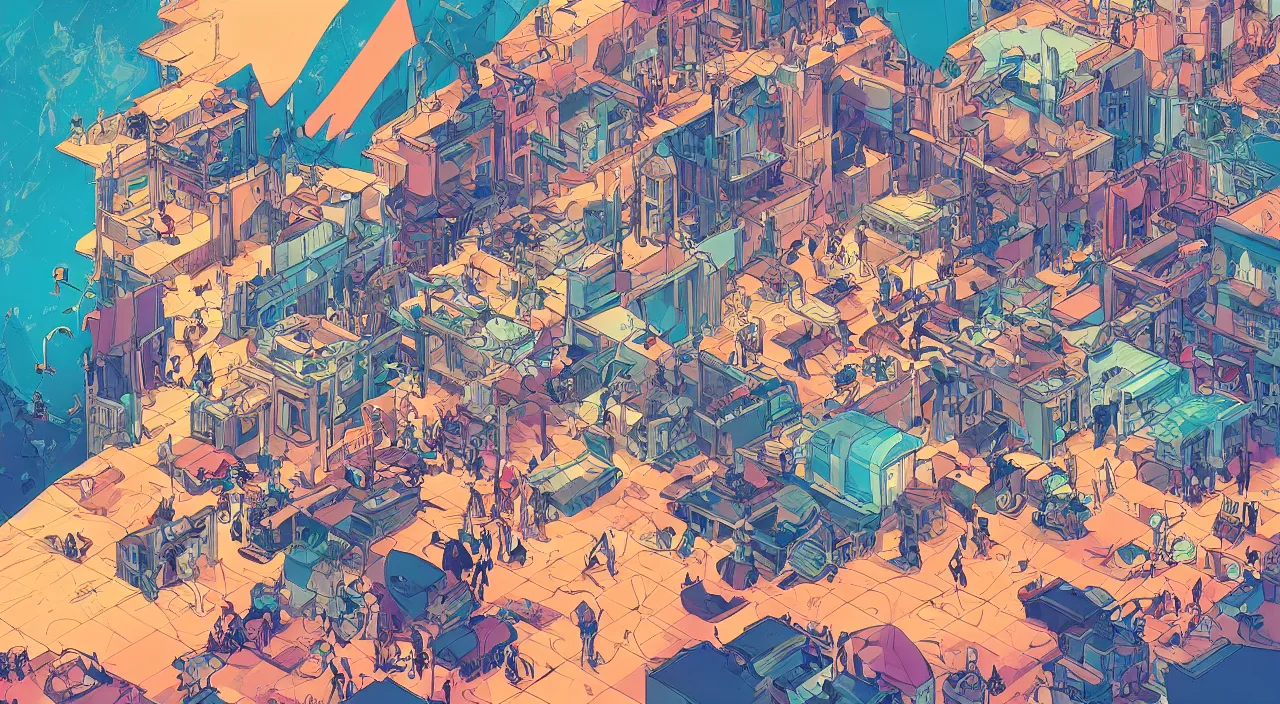 Prompt: vector cutout bazaar zouk oriantal multicolorful sky shine place mosquet painting stylized digital illustration video game icon global illumination ray tracing in borderlands by victo ngai, andreas rocha, john harris and feng zhu and loish and laurie greasley