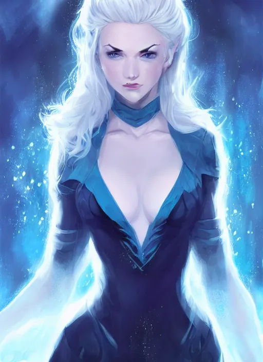 Prompt: portrait of alluring cryomancer, face details, dark blue clothes, unbuttoned camisole, derriere, ice powers, white hair, blue eyes, pale skin, high fantasy, extremely detailed, smooth, sharp focus, illustration, by rossdraws, frank franzzeta, artgerm, collectable card art