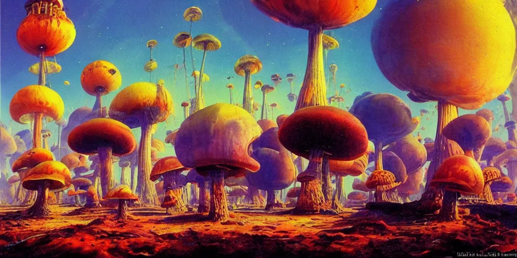 Prompt: landscape of an alien world, colorful mushroom skyscapers, steampunk airships float in the sky. by bruce pennington. vibrant color