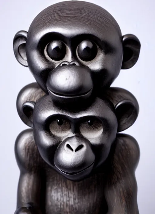 Image similar to cute monkey cartoon character, sculpted in very hard black wood, rock