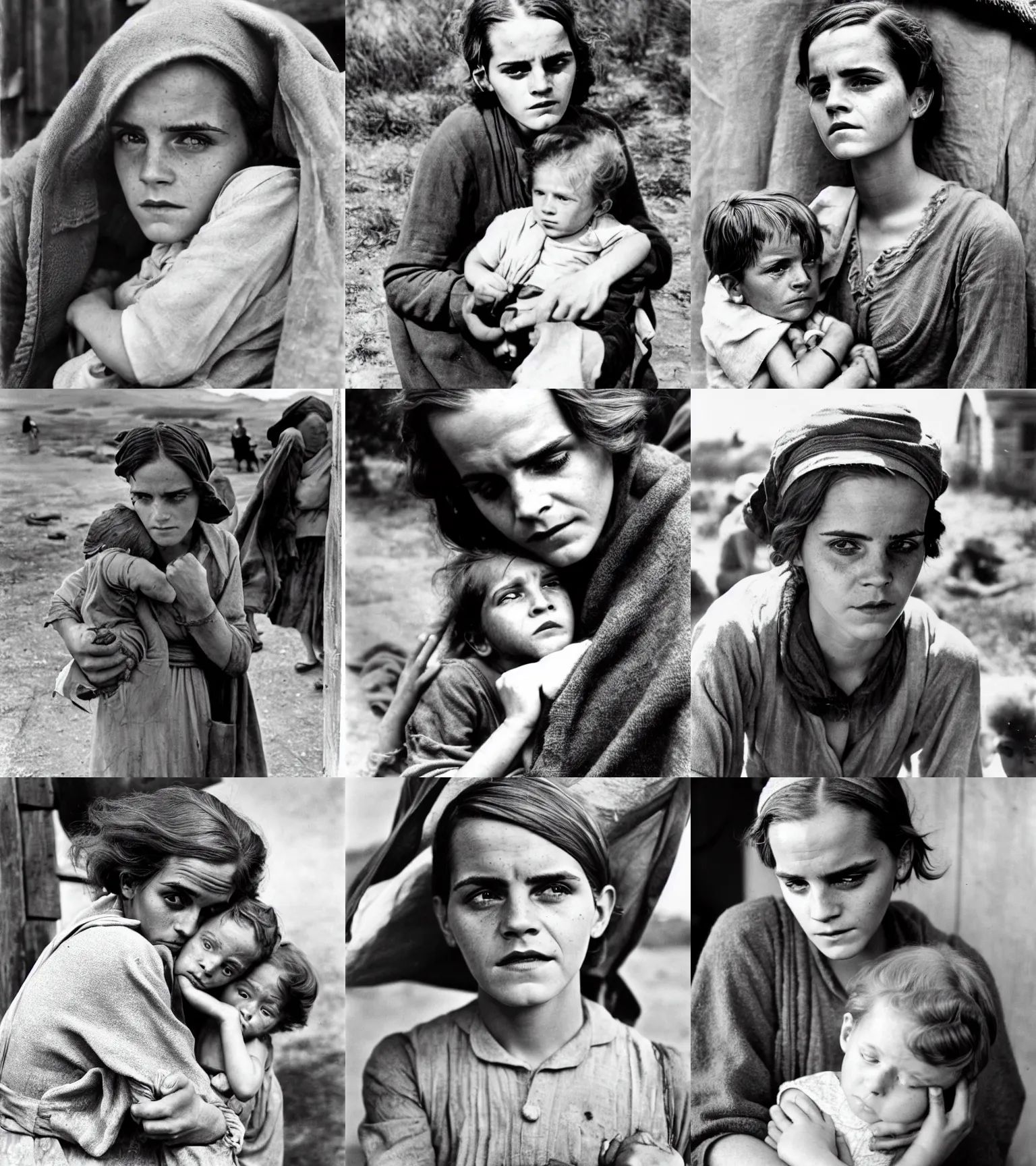 Prompt: Old, wrinkled Emma Watson as migrant mother during the Great Depression, 1936 photo by Dorothea Lange