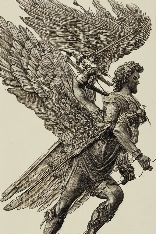 Prompt: A copper engraving of a valiant archangel with his wings spread triumphantly, glorious, HD, 4k, 8k, incredibly detailed, intricate, masterpiece,