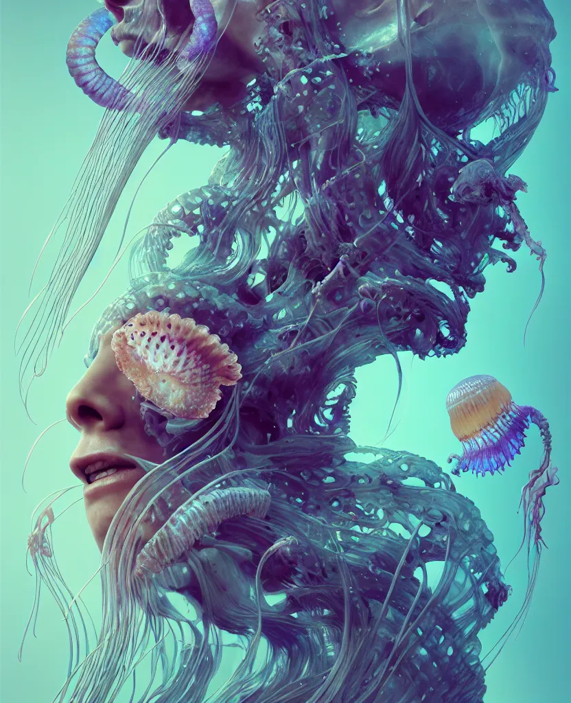 Image similar to goddess close-up portrait human skeleton, ram skull, jellyfish, orchid, betta fish, bioluminiscent, intricate artwork by Tooth Wu and wlop and beeple. octane render, trending on artstation, greg rutkowski very coherent symmetrical artwork. cinematic, hyper realism, high detail, octane render, 8k