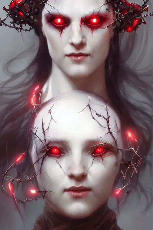 Image similar to Portrait of beautiful pale laughing succubus cyborg maiden with crown of thorns and glowing red eyes, steampunc, digital art from artstation by Ruan Jia and Mandy Jurgens and Artgerm and william-adolphe bouguereau