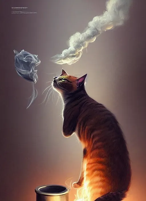 Image similar to a cat thinking about what he had done, vases slowly falling on on the ground, realistic smoke and explosions, elegant, highly detailed, digital illustration, trending in artstation, trending in pinterest, glamor photo, concept art, smooth, sharp focus, art by artgerm and greg rutkowski