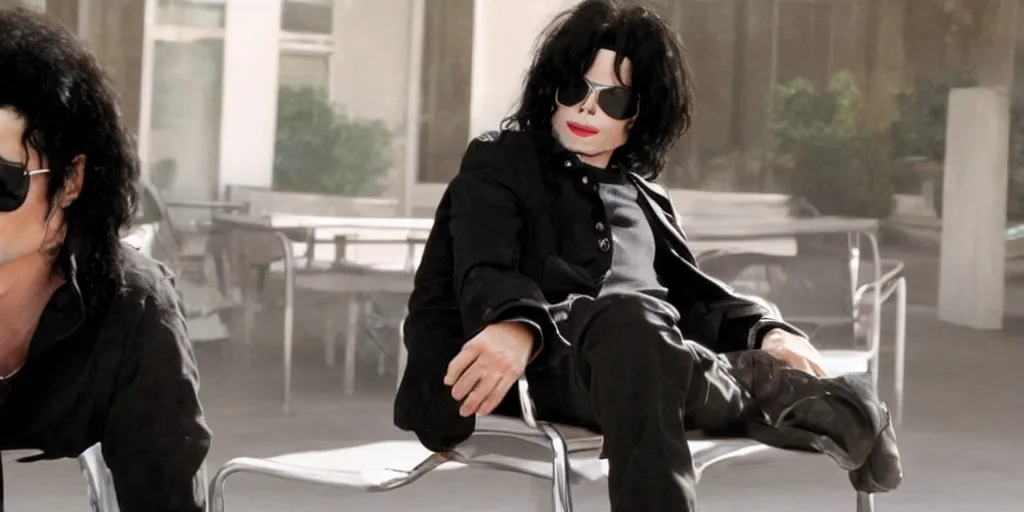 Image similar to michael jackson 2 0 0 9 wearing shades, alone, this is it style, photo real, skin, motion blur, sitting in a chair, by himself, real life, spotted, leaked, ultra realistic face, accurate, 4 k, movie still, uhd, sharp, detailed, cinematic, render, modern