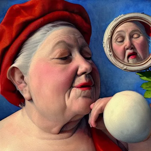 Image similar to a very funny stylize oil painting in renaissance style of a sweet fat old woman kissing her reflection. symmetry face, red mouth, blue eyes. flowery dress. hyper realistic scene. 3 d, octane render, deep focus, white scene. very funny and sweet image. unreal engine. watercolor. fellini style. klee style.