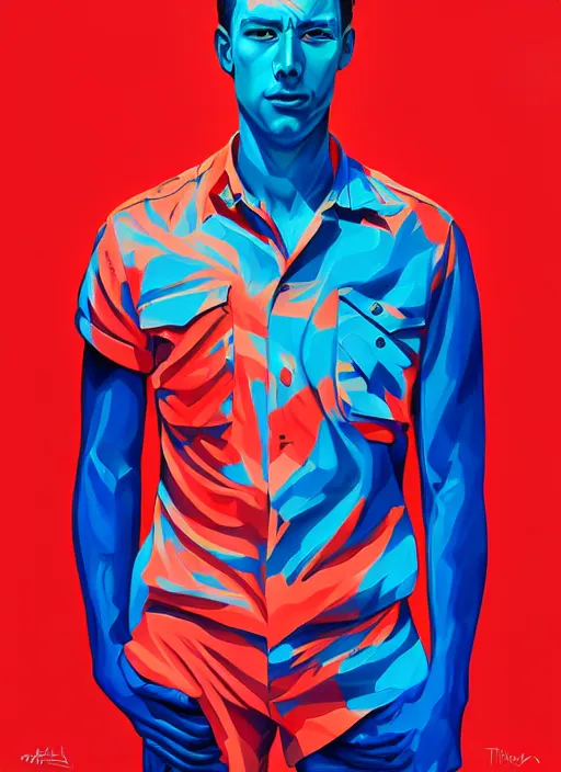Prompt: red and blue color theme, beautiful hyperrealisitic portrait of burning police officer, tristan eaton, victo ngai, artgerm, rhads, ross draws