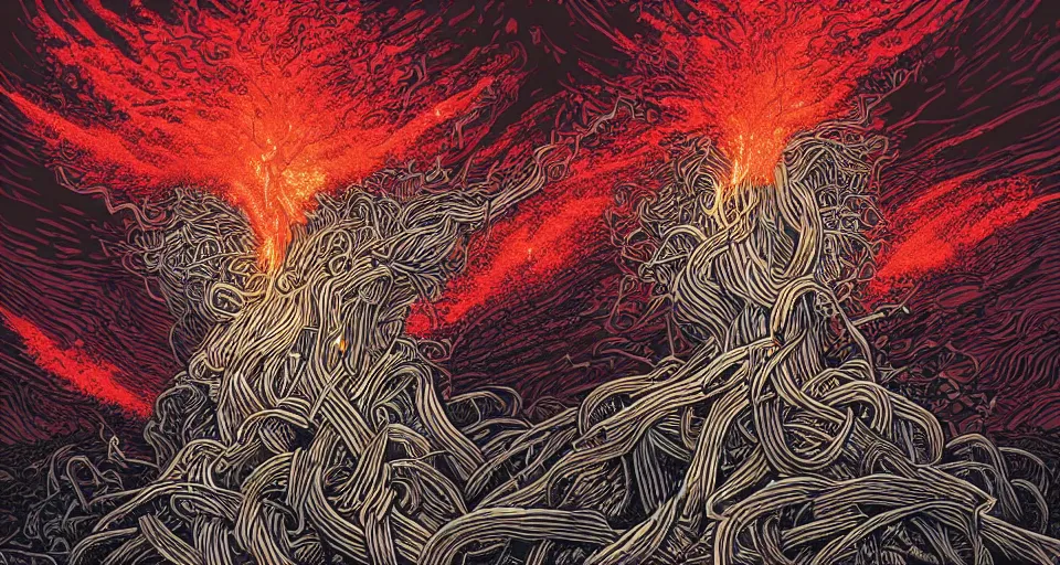 Prompt: a volcano made of ivory vines and crimson rocks enters in eruption, it spits a smoke in the shape of demonic eye, by dan Mumford