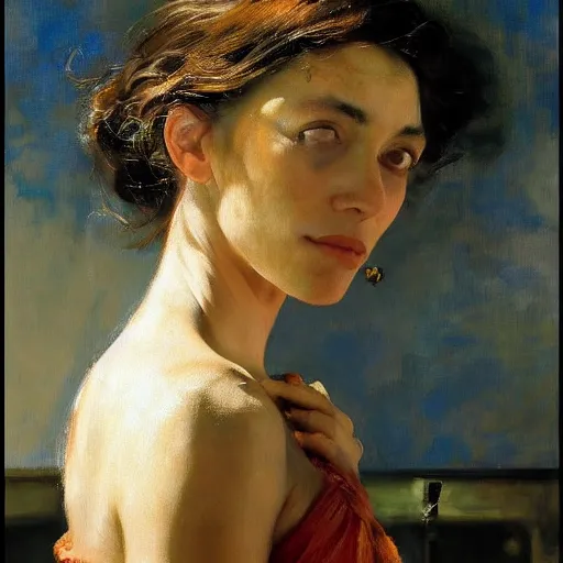 Prompt: a stunning masterful portrait of a confident spanish woman with messy hair and deep thinking eyes and traditional spanish clothes by andrew wyeth, john singer sargent, and norman rockwell, natural light, oil painting, ethereal, wong kar wai, strong brushwork