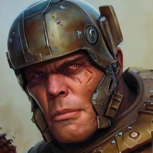 Image similar to the doomguy as a realistic d & d fantasy character, closeup portrait art by donato giancola and greg rutkowski, vintage retro, realistic face, digital art, trending on artstation, symmetry!!