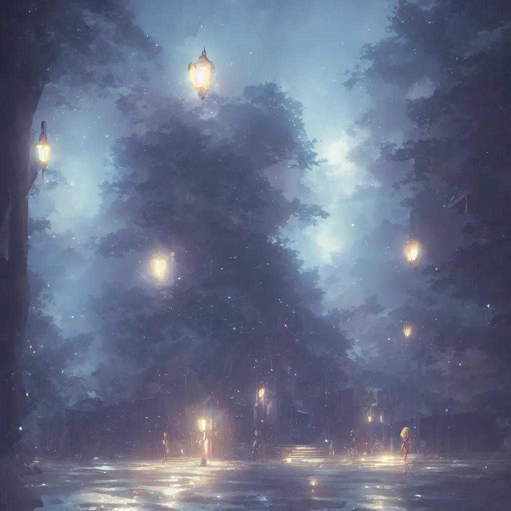 Image similar to anime kyoto animation key by greg rutkowski night