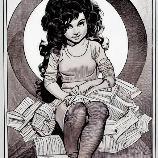 Image similar to a cute little girl with a mischievous face and short brown wavy curly hair sitting on top of a tall pile of books. well composed, clean elegant painting, beautiful detailed face. comic book art by steve ditko and jack kirby and ( alphonse mucha )