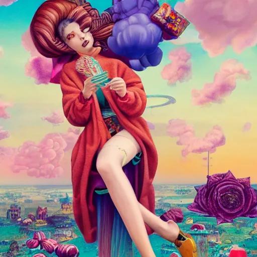 Prompt: pretty model with clouds and candy : : by martine johanna and simon stalenhag and chie yoshii and casey weldon and wlop : : ornate, dynamic, particulate, rich colors, intricate, elegant, highly detailed, vogue, harper's bazaar art, fashion magazine, smooth, sharp focus, 8 k, octane render