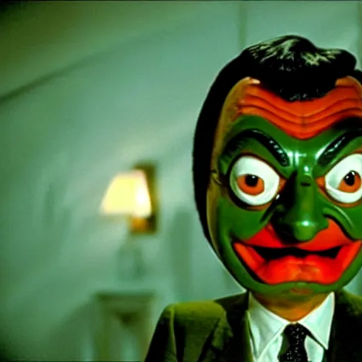 Image similar to mr. bean as the mask from the mask movie. movie still. cinematic lighting.