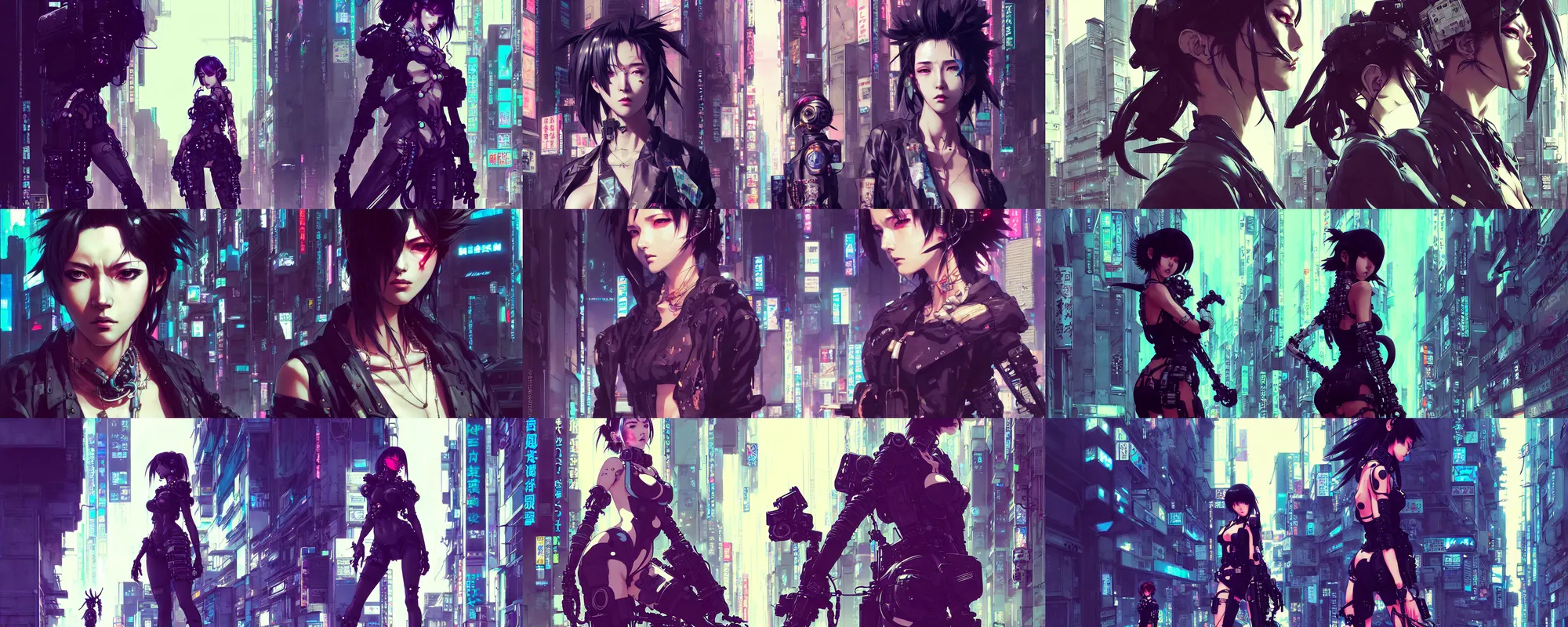 Prompt: hyper - realistic cyberpunk portrait of beautiful! anime woman standing on tokyo street, extreme detail, alluring, in style of yoji shinkawa, pan ren wei, col price, atey ghailan, by greg rutkowski, by greg tocchini, by james gilleard, by joe fenton, by kaethe butcher, grunge aesthetic