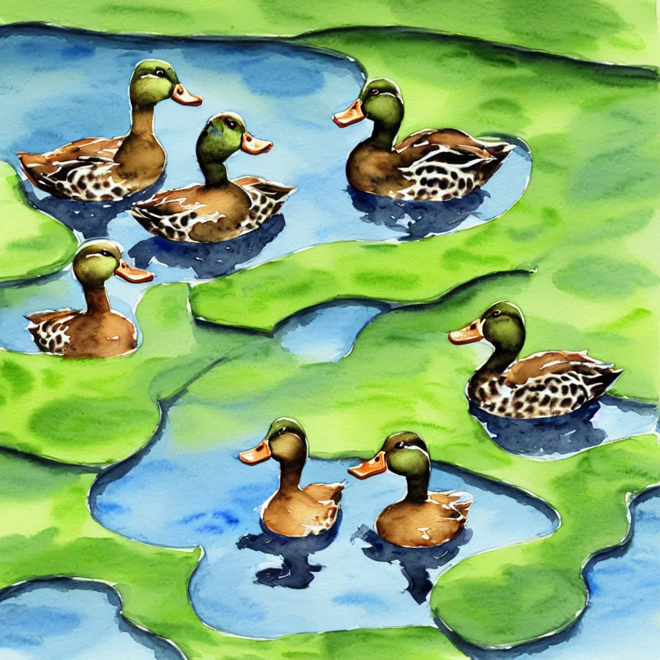 Image similar to watercolor of 3 ducks and 1 frog having a conversation on the side of a pond,