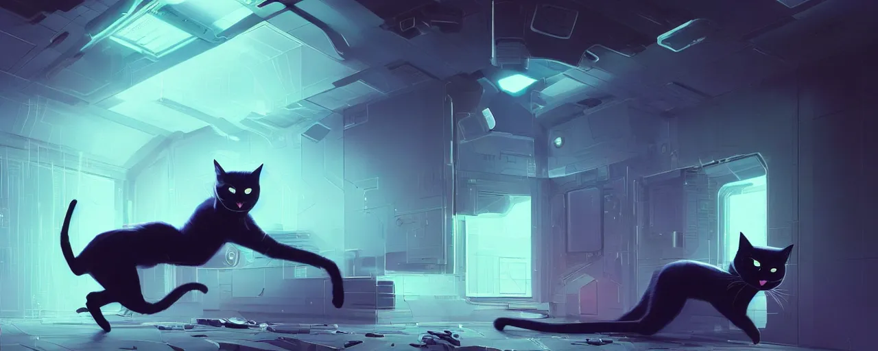 Image similar to duotone noir scifi concept illustration of black cat inside box zero gravity glowing 3 d mesh quantum portals, glowing eyes, octane render, surreal atmosphere, volumentric lighting. accidental renaissance. by sachin teng and sergey kolesov and ruan jia and heng z. graffiti art, scifi, fantasy, hyper detailed. trending on artstation