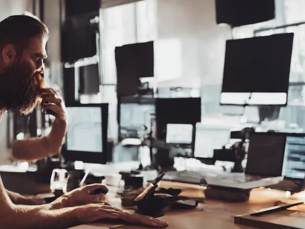 Prompt: man's bearded face lit up by the glow of laptop and monitor screen as works late at night at desk, photorealistic