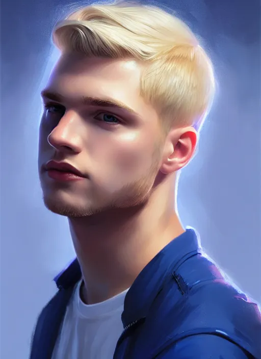 Prompt: portrait of young kevin keller with blonde hair, blonde hair, blue eyes, defined jawline, intricate, elegant, glowing lights, highly detailed, digital painting, artstation, concept art, smooth, sharp focus, illustration, art by wlop, mars ravelo and greg rutkowski