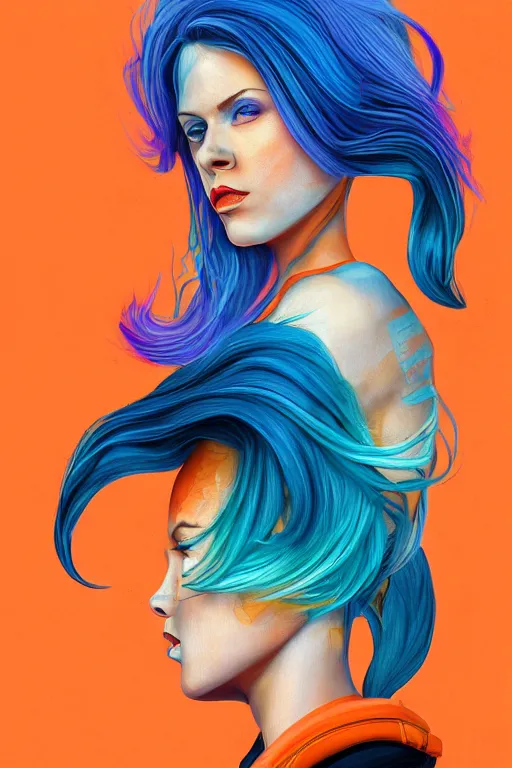 Image similar to a award winning half body portrait of a beautiful caucasian woman in a croptop and cargo pants with ombre orange blue teal hairstyle with head in motion and hair flying by martine johanna and will eisner, outrun, vaporware, digital art, trending on artstation, highly detailed, fine detail, intricate