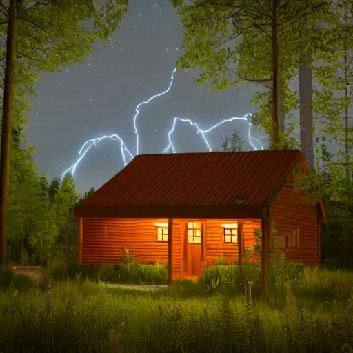 Image similar to a ultra realistic blue lightning arc over a cabin in the wood, by night. complex, highly detailed, unreal engine 5, 8 k render