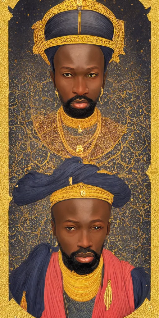 Prompt: a stunning and noble highly detailed romantic period style portrait of mansa musa by josep tapiro baro, trending on artstation, oil painting masterpiece, symmetry, mysterious, very very very aesthetic, african iconography