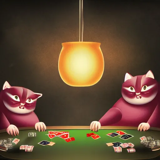 Image similar to fat mobster cats gambling at a table with a single light overhead, smoke fills the room, chinese art style photo