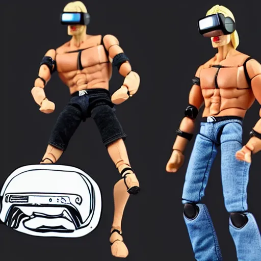 Image similar to action figure of a skinny blonde male wrestler wearing a black vr headset and wearing a t - shirt and jeans, high detail, realistic,