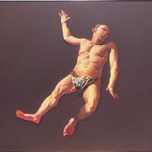 Prompt: Man falling from heaven. Oil painting.