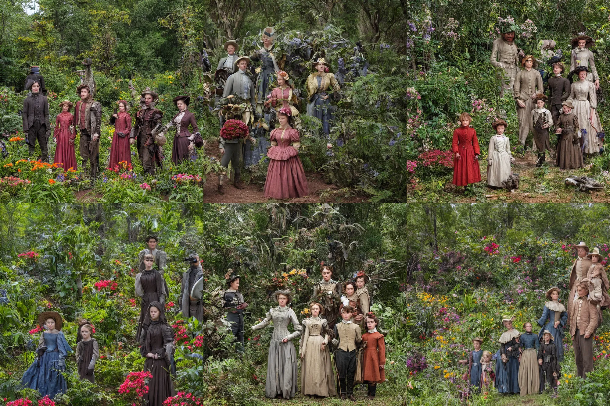 Prompt: sharp, highly detailed, 43456k film, 161800mm film still from a sci fi blockbuster color movie made in 2019, set in 1860, of a family standing in a park, next to some strange alien plants and flowers, on an alien planet, the family are all wearing 1860s era clothes, good lighting, enhanced faces, ultra high definition, in focus, 35mm macro lens