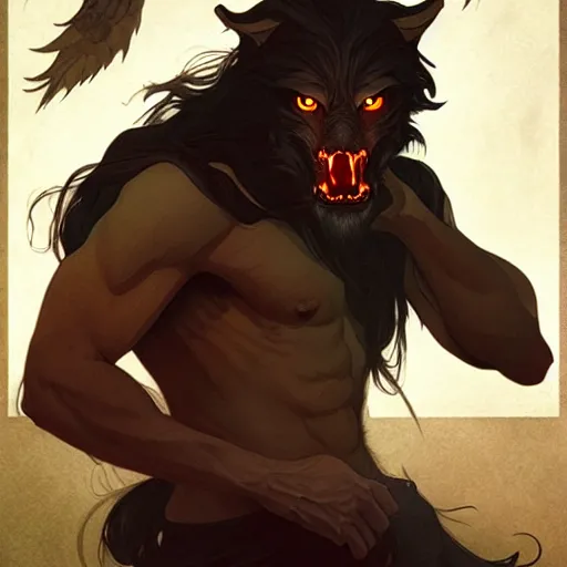 Image similar to a male werewolf, illustration, thriller atmosphere, art by artgerm and greg rutkowski and alphonse mucha