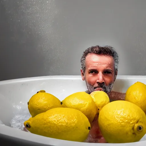 Image similar to a man in a bathtub bathing in lemons, Realism, HDR, Stock Photo, Ultra Lighting