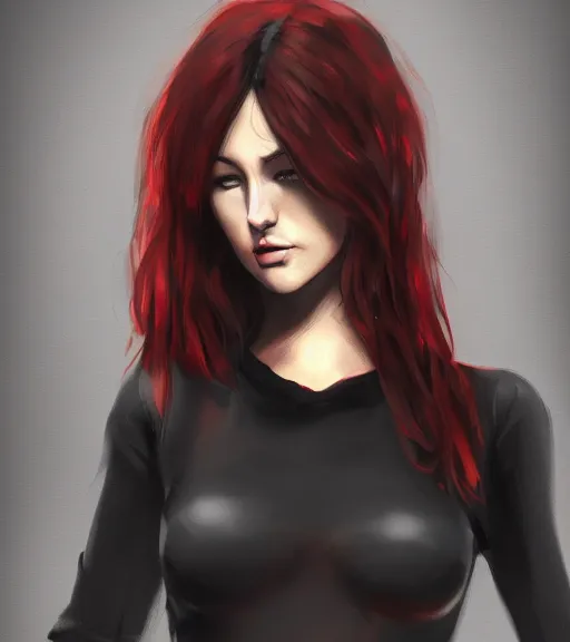 Prompt: a woman wearing black clothes, full body shot, red hair, highly detailed, digital painting, artstation, concept art, smooth, sharp focus, illustration