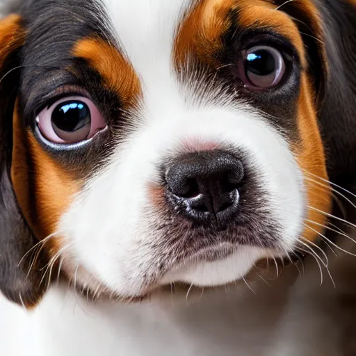 Image similar to a very cute puppy smiling. close-up. white ground. dark background. blach and white. single light source. 14mm lens. iso 100. diaphragm 1.4. shutter speed 1/350 W-1024