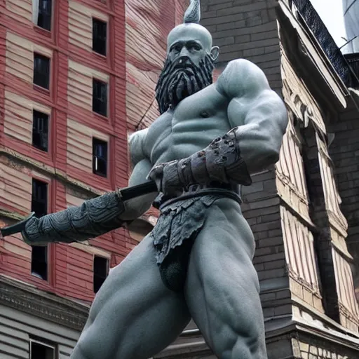 Prompt: kratos statue in tin the middle of the city size of statue of liberty - n 2