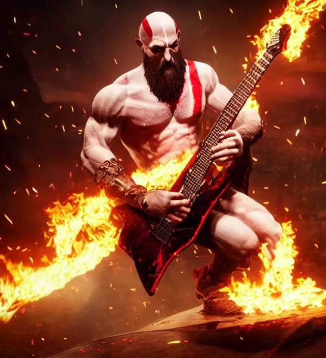 Image similar to kratos shredding on a flaming stratocaster guitar, cinematic render, god of war 2 0 1 8, santa monica studio official media, lightning, stripe over eye