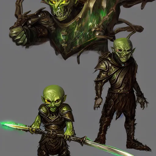 Prompt: Bald goblin with two heads and green eyes wielding a greatsword inside a decaying ancient fantasy temple. He wears a rusty silver armor, trending on artstation, dark fantasy, concept art