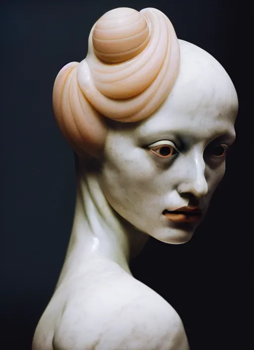 Image similar to cinestill 5 0 d photo portrait of a beautiful hybrid woman in style of paolo roversi by roberto ferri, weird marble body by bernini, intricate ornamental hair, 1 5 0 mm lens, f 1. 4, sharp focus, ethereal, emotionally evoking, head in focus, volumetric lighting, opal colors outdoor