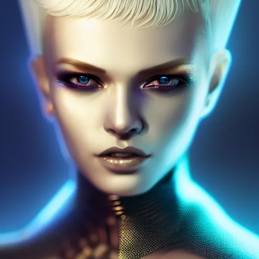 Prompt: futuristic woman android portrait, sci-fi female, striking azure eyes, face, short platinum hair, cyberpunk femme fatale, intricate, elegant lady with alabaster skin, highly detailed gold filigree, digital painting, artstation, concept art, smooth, sharp focus, illustration, studio photo by artgerm, Krenz Cushart, Wenqing Yan and Alphonse Mucha:3, overexposed, dark, gray, monochrome:-2