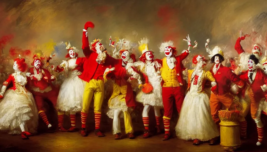 Image similar to highly detailed painting of a group of ronald mcdonalds with red afros, white facepaint, red noses and yellow waltzing gracefully at a prestigious event by william turner, by greg rutkowski, by william constable, thick brush strokes and visible paint layers, 4 k resolution
